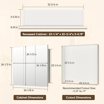 Antok 24x24 Inch Medicine Cabinet with Mirror, Wall Mounted Bathroom Mirror Cabinet, Wooden Medicine Cabinet Mirror, Recessed or Surface, White