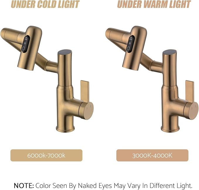 Rotatable Bathroom Faucet with Temperature Display in Fahrenheit (Batteries-Free), 3 Water Outlet Modes, Brushed Copper