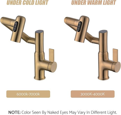 Rotatable Bathroom Faucet with Temperature Display in Fahrenheit (Batteries-Free), 3 Water Outlet Modes, Brushed Copper