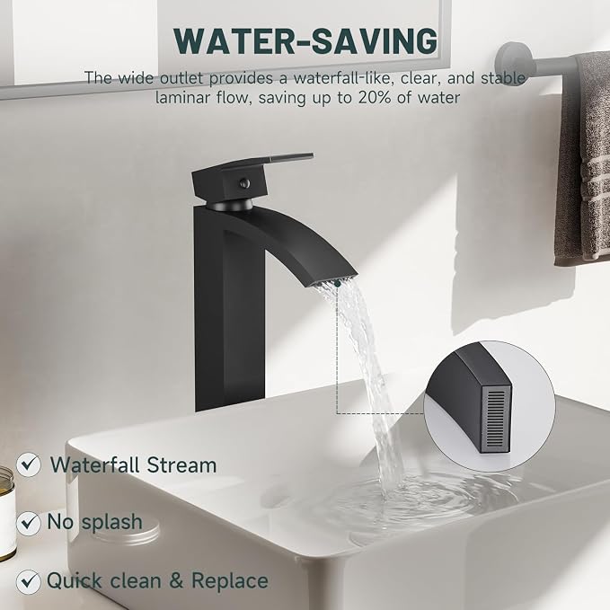 Matte Black Vessel Sink Faucet, Waterfall Bathroom Faucets | Brass, Tall Spout, Single Handle 1 Hole Bathroom Faucet, Modern Basin Taps with Supply Line, Pop Up Drain, Without Overflow