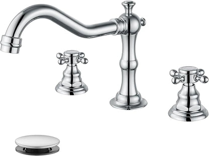 gotonovo 3 Hole Widespread Bathroom Sink Faucet Double Cross Handle Mixer Tap Faucet for Bathroom Sink Vanity Faucet Deck Mount Basin Hot Cold Water Matching Pop Up Drain Polished Chrome