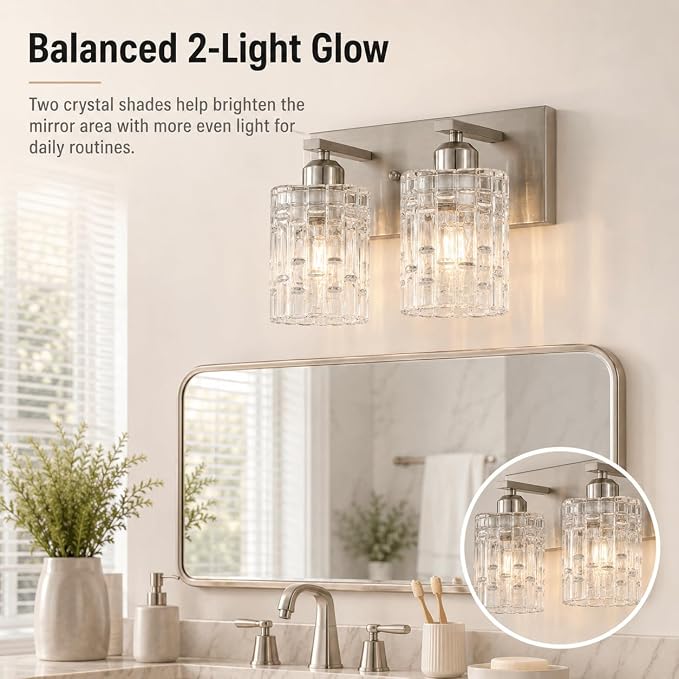 2-Light Nickel Crystal Bathroom Vanity Light Fixture Over Mirror, Modern Bathroom Wall Light for Living Room, Bedroom, Hallway