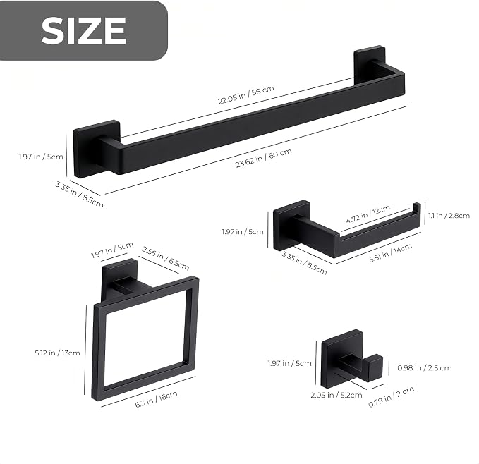 5 Piece Bathroom Hardware Set Matte Black, 23.6 Inch Bathroom Towel Bar Set | Stainless Steel Towel Racks for Bathroom Wall Mounted, with 304 Stainless Steel Screws & Hex Screwdriver, Rustproof