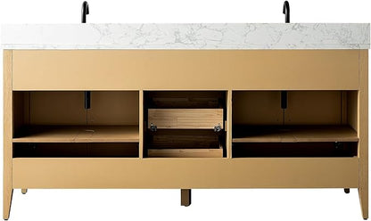 Vanity Art 72 inch Bathroom Vanity with Double Sink & Ceramic Top, Vanity Cabinet with Soft-Closing Doors, Drawers, Solid Wood Frame, Natural Oak, Golden Brushed Handware