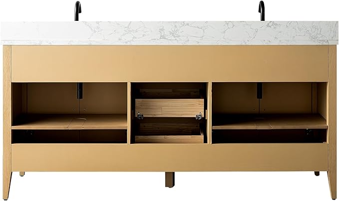 Vanity Art 72 inch Bathroom Vanity with Double Sink & Ceramic Top, Vanity Cabinet with Soft-Closing Doors, Drawers, Solid Wood Frame, Natural Oak, Brushed Nickle Handware