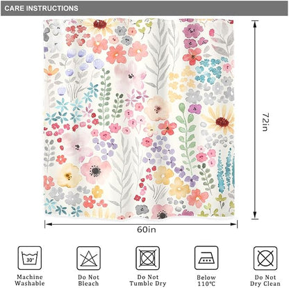 Colorful Cute Floral Watercolor Flower Plants Bathroom Shower Curtain Set | 60"W x 72"H Botanical Kids; waterproof HD print, quick-dry fabric with 12 hooks for easy hanging.