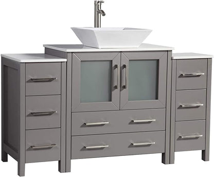 Vanity Art 54 Inch Vessel Single Sink Bathroom Vanity Cabinet with 1 Mirror, Engineered Marble Top Bathroom Cabinet Compact Set with 8 Dovetail Drawers and Soft Closing Doors, VA3130-54-G