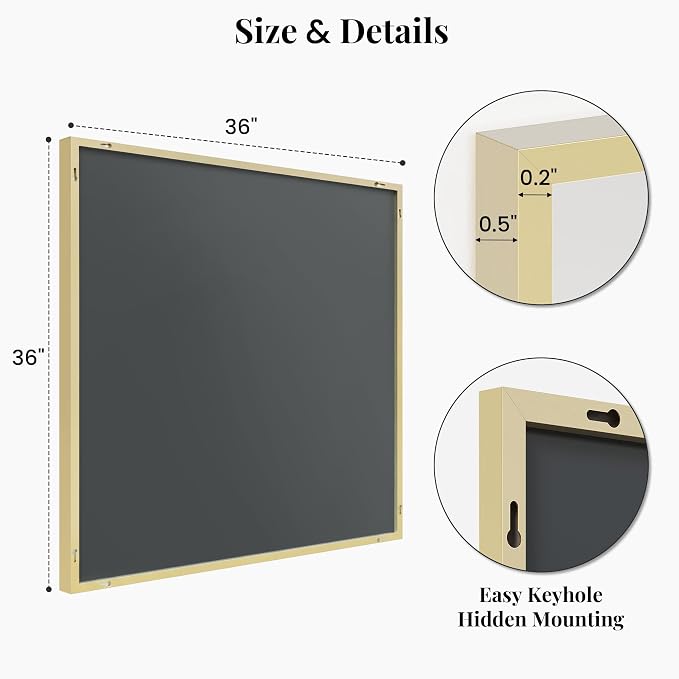 36"x36" Satin Gold Framed Square Bathroom Vanity Wall Mirror | Accent Wall Mirror, Square Geometric Look, Slim Metal Frame, Living Room or Entryway, Keyhole Mount, Tempered Glass