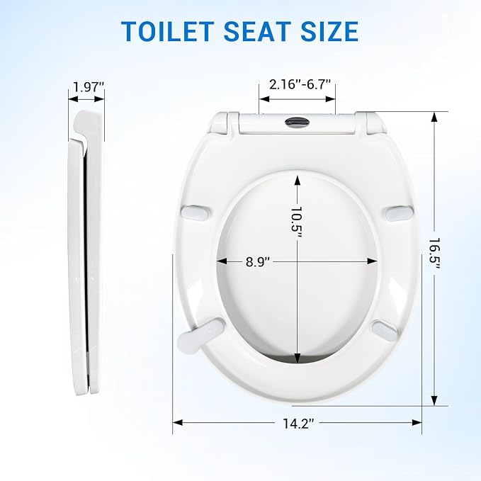 KHE Round Toilet Seat 16.5 Inch, Soft Close Toilet Seat with No-Touch Handle, Quick Release for Easy Cleaning, Non-Slip Bumpers, Durable PP, White