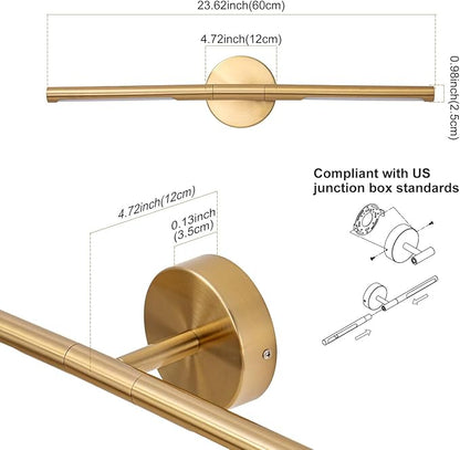 Gold Bathroom Light Fixtures Over Mirror 24 Inch, 18W 360° Rotatable Dimmable 4000K Led Brass Vanity Lighting Fixture, Brushed Gold Bathroom Vanity Lights Above Mirror