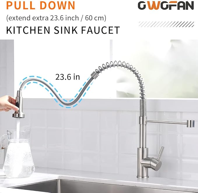 OWOFAN Kitchen Faucet Low Lead Commercial Solid Brass Single Handle Single Lever Pull Out Pull Down Sprayer Spring Kitchen Sink Faucet, Brushed Nickel Kitchen Faucets 866053SN