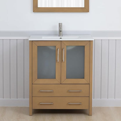Vanity Art 30" Single Sink Bathroom Vanity with 1 Mirror, Ceramic Top Cabinet Compact Set with 2 Dovetail Storage Drawers and Brushed Nickel Handles, VA3030-NO