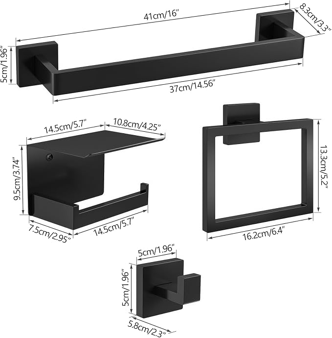 STWWO 5-Piece Matte Black Bathroom Accessories Hardware Set | Stainless Steel Towel Racks for Bathroom, 16 Inch Bath Towel Bar Set Wall Mounted