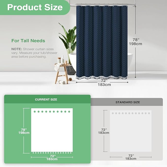 Dynamene 78 Inches Long Shower Curtain, Boho Tufted Chevron Striped Tall Cloth Shower Curtains for Bathroom Decor, Large Hotel Spa Luxury Shower Curtain Set with Hook, Wrinkle Free, Navy Blue, 72x78