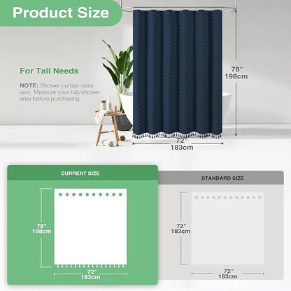 Dynamene 78 Inches Long Shower Curtain, Boho Tufted Chevron Striped Tall Cloth Shower Curtains for Bathroom Decor, Large Hotel Spa Luxury Shower Curtain Set with Hook, Wrinkle Free, Navy Blue, 72x78