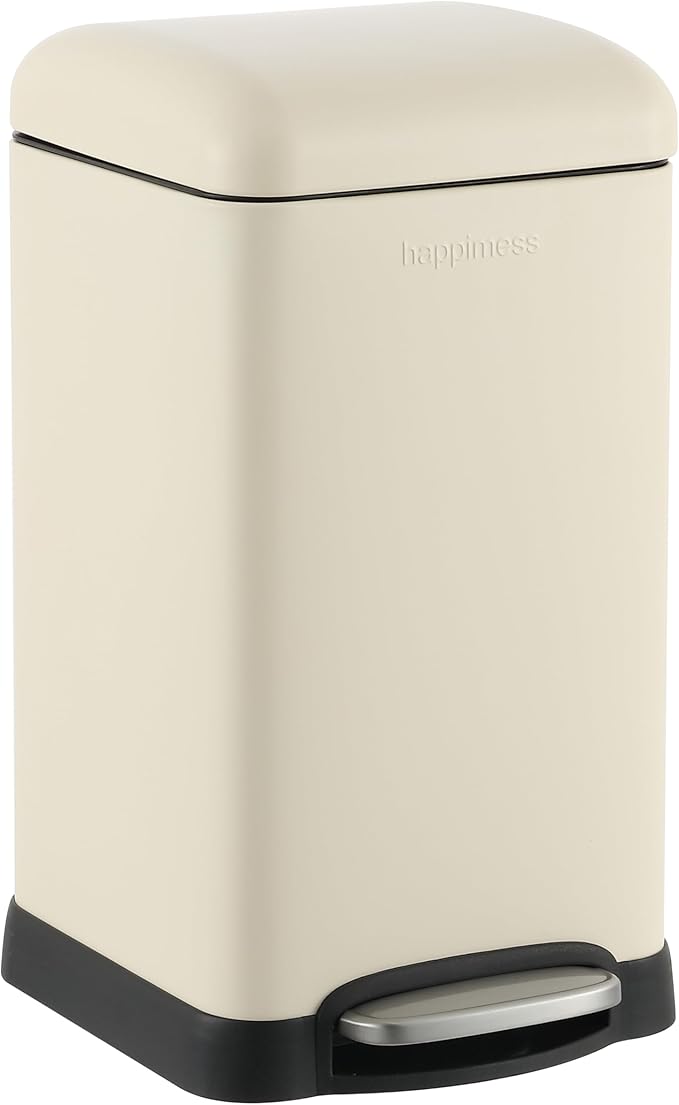 happimess Betty Retro Mini 3.2 Gal Step Trash Can, Limestone Beige | Soft-Close Lid, Removable Liner, Iron, Hands-Free Pedal, Satin Finish, Non-Skid Base, Built-In Damper, Modern, Minimalistic