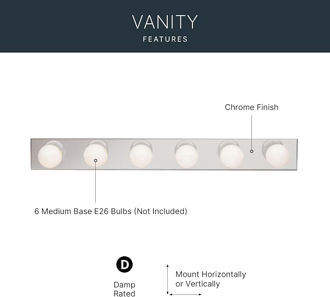 Kichler 6-Light Bathroom Vanity Light, Chrome | Linear bath bar vanity light for bathroom mirrors (36" x 4.25" x 2"), 626CH