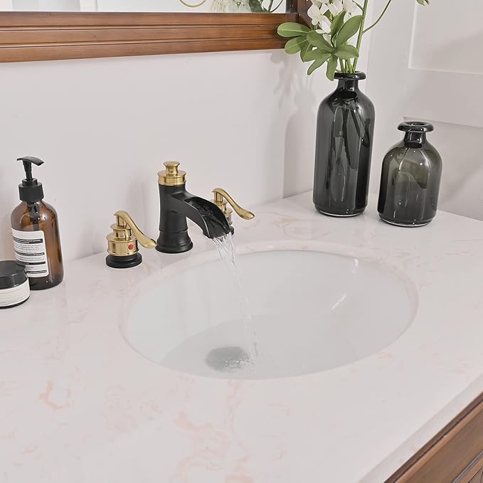 BWE Widespread Bathroom Faucet 3 Hole Black and Gold 8 Inch Two Handles Commercial Bathroom Sink Faucet with Brass Pop Up Drain Stopper and Supply Lines Bath Vanity Lavatory Mixer Tap