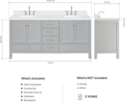 ARIEL Cambridge 72-inch Bathroom Vanity with Sink,Solid Wood, 1.5-inch Carrara White Quartz Countertop & Backsplash, Double Oval Porcelain Sink, 4 Soft Closing Doors, 6 Dovetail Drawers, Grey