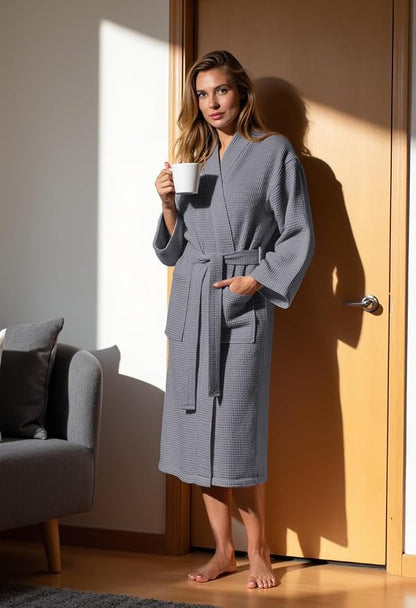 Turquaz Womens Lightweight Waffle Kimono Bathrobe for Men - Soft Quick-Dry Spa & Summer Towel Robe, Cotton Blend