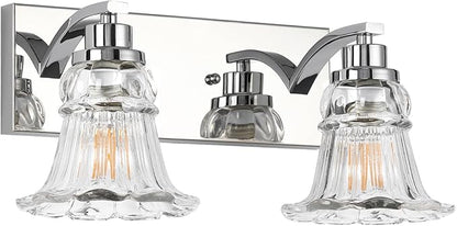 Vintage 2-Light Bathroom Vanity Light, Chrome Bathroom Light Fixtures with Floral Clear Glass Shades, Antique Wall Sconce Fixtures for Dressing Table, Bedroom