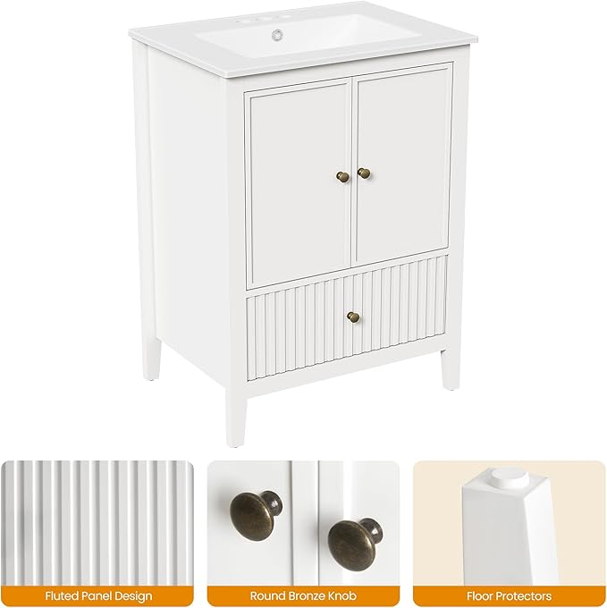 RoyalCraft 24'' Bathroom Vanity with Ceramic Sink Combo Set, Modern Wood Bathroom Cabinet with Soft Closing Doors and Fluted Drawer, Free Standing Storage Cabinet, White