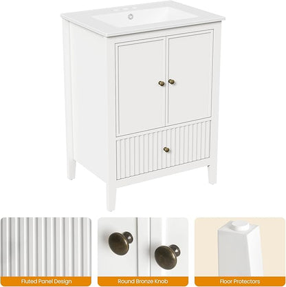 RoyalCraft 24'' Bathroom Vanity with Ceramic Sink Combo Set, Modern Wood Bathroom Cabinet with Soft Closing Doors and Fluted Drawer, Free Standing Storage Cabinet, White
