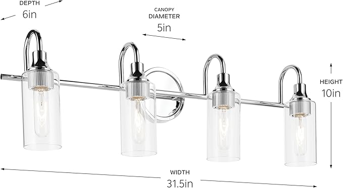 Kichler Kavi 31.5" 4-Light Vanity Light with Clear Glass in Chrome, Damp Rated, for Bathroom, Powder Room, Over a Mirror, (31.5" W x 10" H), 55212CH