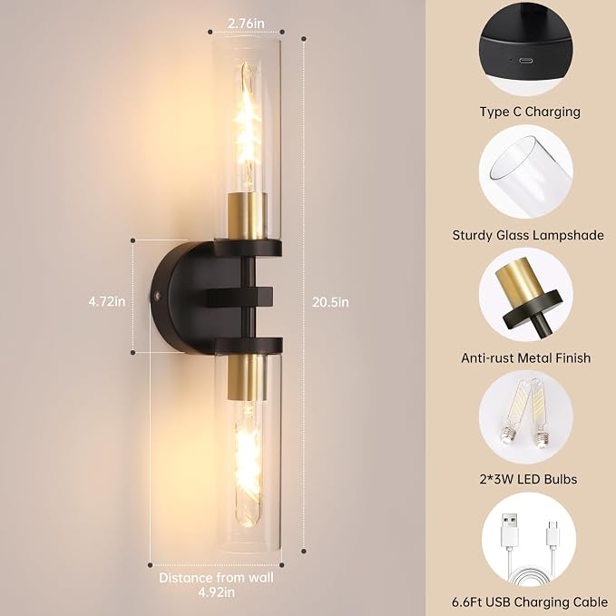Shenmoyl Set of 2 Wall Sconces, 7800 mAh Battery Operated Wall Sconce with 3 Colors & Remote Control, Black Gold Rechargeable Wall Lamp with Clear Glass Shade for Bedroom, Bathroom, Stairwell, Hallway