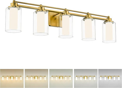 HWH 5-Light Vanity Light, Brushed Gold, Clear Glass, 30W, 5HLT63B-5W-LED BG | Dimmable, 5CCT, Modern, Bathroom Light Fixtures Vanity Lights Over Mirror, Vanity Lights for Bathroom, For Dressing Table