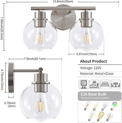 Bathroom Light Fixtures Over Mirror 2-Lights Bathroom Vanity Light with Clear Glass Shade 13.4 inch Modern Brushed Nickel Vanity Light Wall Sconce Vanity Light Bathroom Light for Bath, L1746