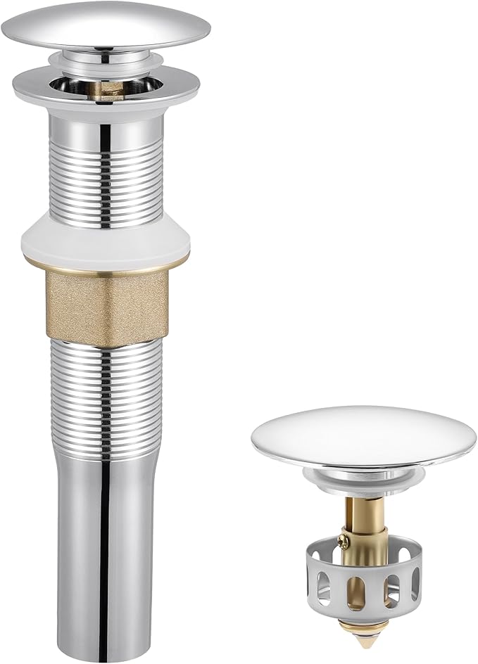 KES Bathroom Sink Drain with Strainer Basket Hair Catcher Anti Clog Pop Up Drain Stopper Vanity Vessel Sink Without Overflow, Polished Chrome S2013D-CH