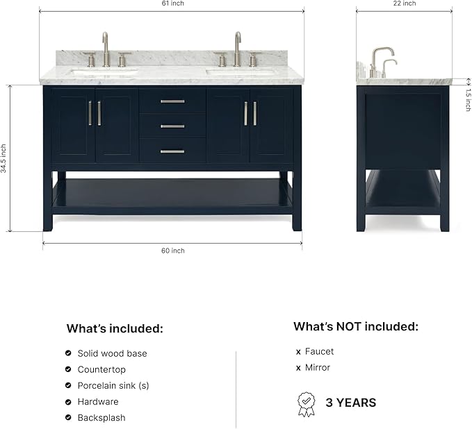 ARIEL Magnolia 60-inch Bathroom Vanity with Sink,Solid Wood, 1.5-inch Italian Carrara Marble Countertop, Double Rectangular Porcelain Sink, 4 Soft Closing Doors, 3 Dovetail Drawers, Midnight Blue
