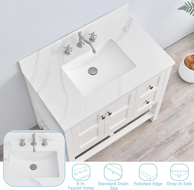 36 in. W x 22 in D Quartz Vanity Top in Calacatta Rocky, Vanity Sink Top with Assembled Single Drop-in Sink, Pre-Drilled Widespread Faucet Holes Countertop with 4" H Backsplash