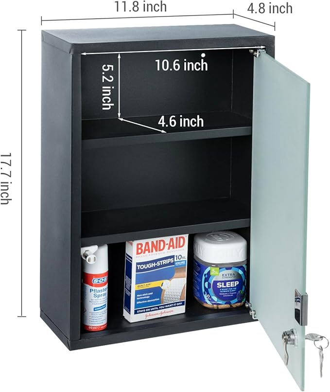 MyGift Black Bathroom Medicine Cabinet, Wall Mounted Metal Storage Cabinet with 3 Shelves, Locking Glass Door Keys