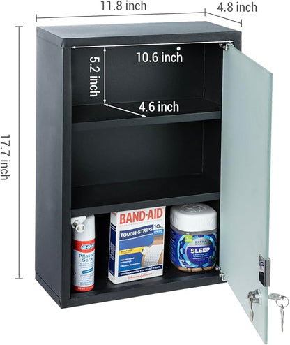 MyGift Black Bathroom Medicine Cabinet, Wall Mounted Metal Storage Cabinet with 3 Shelves, Locking Glass Door Keys