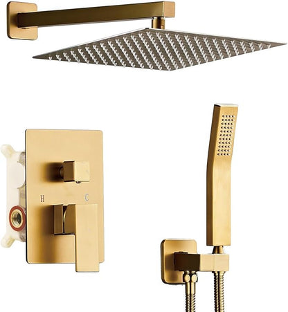 SaniteModar Shower Faucet Set 10 Inch, Brushed Gold Shower System | Rainfall Shower Head with Handheld Combo Spray, High Pressure Shower Combo Set Included Brass Valve and Trim kit