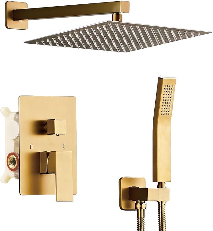 SaniteModar Shower Faucet Set 12 Inch, Brushed Gold Shower System | Rainfall Shower Head with Handheld Combo Spray, High Pressure Shower Combo Set Included Brass Valve and Trim kit