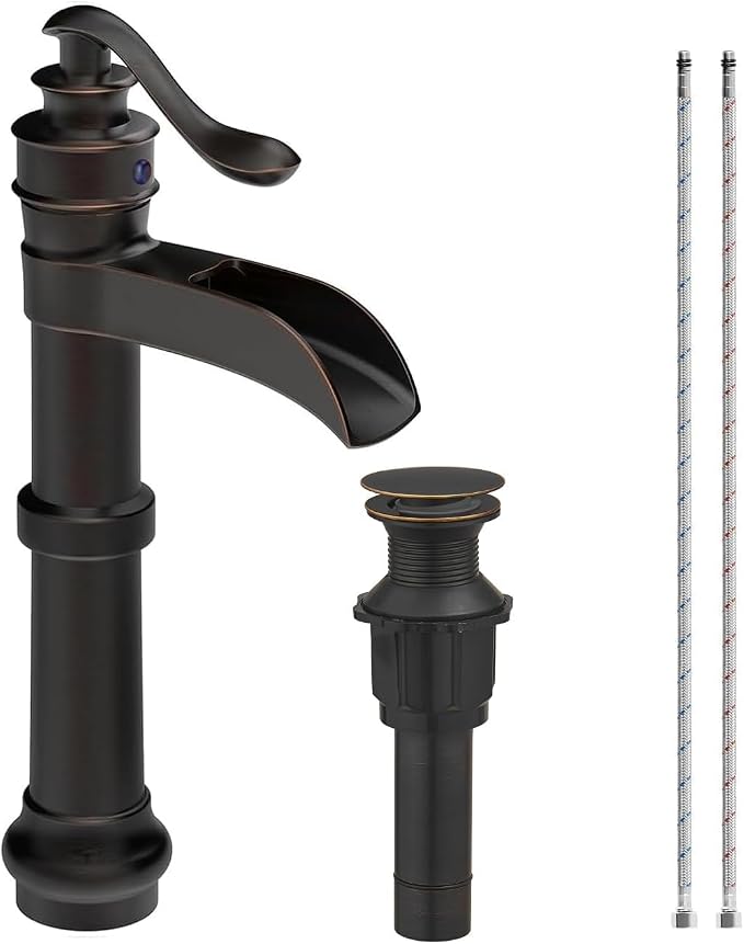 Homevacious Oil Rubbed Bronze Waterfall Vessel Sink Tall Black | Single Handle Bath Basin Farmhouse with Pop Up Drain Assembly Lavatory One Hole Mixer Tap Without Overflow