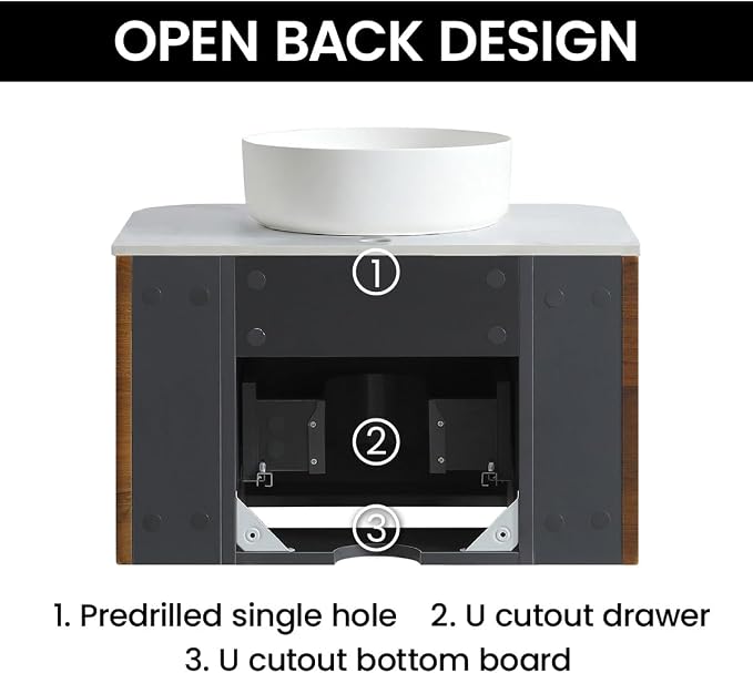 24" Preassembled Floating Bathroom Vanity with Round Sink, Walnut | Mid-Century Modern Style, Fluted & Soft-Close Drawer with U-shaped Wall, Sinterted Stone Countertop, Towel Rack Included