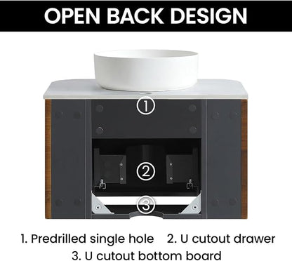 24" Preassembled Floating Bathroom Vanity with Round Sink, Walnut | Mid-Century Modern Style, Fluted & Soft-Close Drawer with U-shaped Wall, Sinterted Stone Countertop, Towel Rack Included
