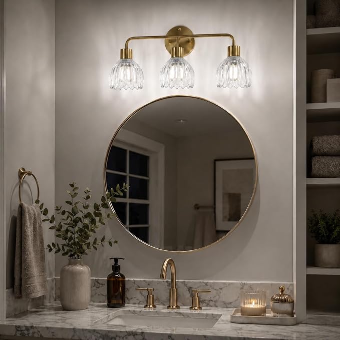 3-Light Gold Brass Bathroom Light Fixture with Clear Tulip Glass Shade,Wall Sconces,Vintage Vanlity Light Over Mirror,Bathroom Wall Light,E26 Socket(Bulbs Not Included)