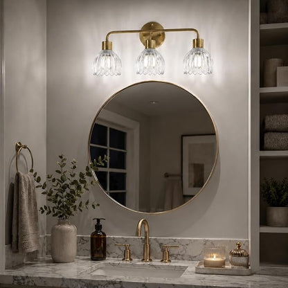 3-Light Gold Brass Bathroom Light Fixture with Clear Tulip Glass Shade,Wall Sconces,Vintage Vanlity Light Over Mirror,Bathroom Wall Light,E26 Socket(Bulbs Not Included)