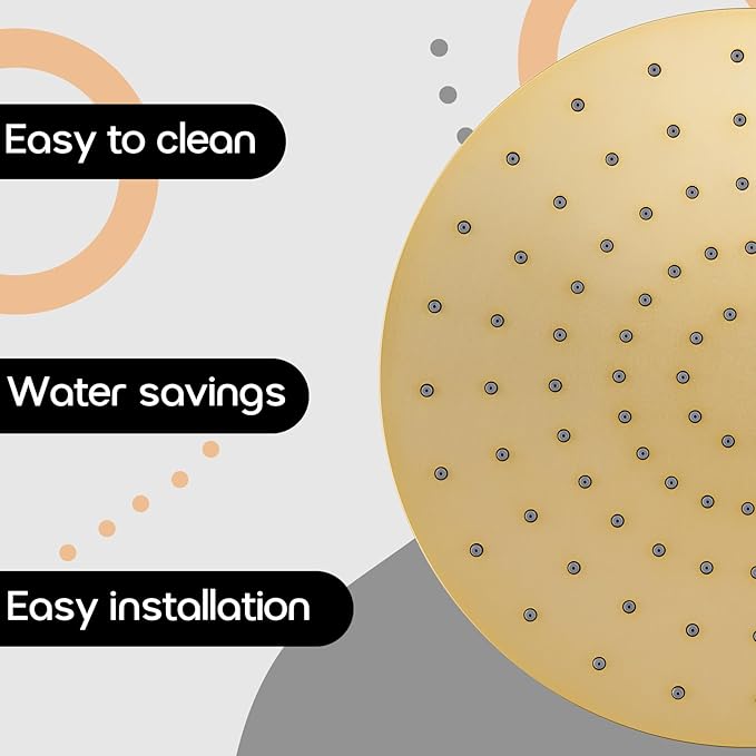 Rainhead Waterfall Shower Head 10-Inch Large Bathroom Overhead Fixed Showerhead High Pressure 2.5 GPM with Adjustable Angle, Gold SH001GD-D10