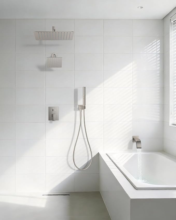 Rain Shower System with Rough-in Valve, Wall Mount Shower Faucet Set with 12" & 6" Dual Rain Shower Heads, 2-in-1 Handheld Shower, Tub Spout, 4-Function Complete Shower Fixture, Brushed Nickel