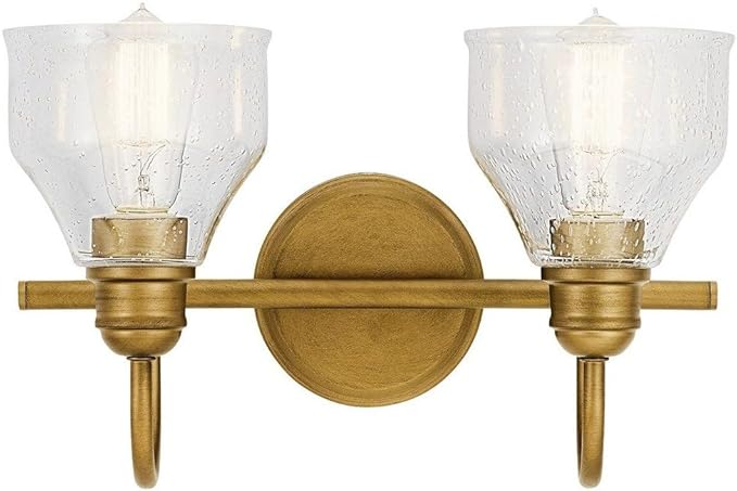 KICHLER Avery 15" Bathroom Vanity Industrial 2 Light Wall Fixture with Clear Seeded Glass in Natural Brass, for Bathroom (8.25" x 15" x 9.5") 45972NBR