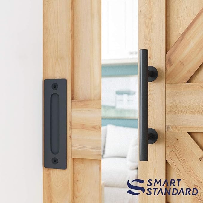 SMARTSTANDARD 6.8 FT Heavy Duty Sturdy Sliding Barn Door Hardware Kit, Black, (Whole Set Includes 1x Pull Handle Set & 1x Floor Guide) Fit 36"-40" Wide Door Panel (I Shape Hanger)