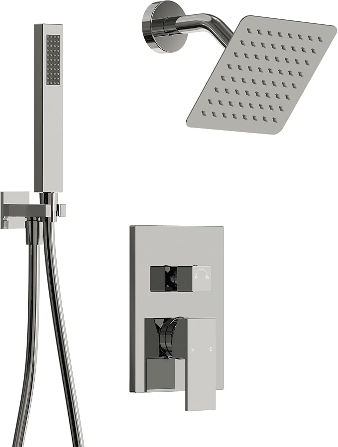 Wall Mount Shower System with Handheld Shower, Polished Chrome | 6-inch rain head, pressure-balanced brass valve, 2-function control and included 59-inch hose