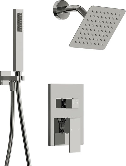 Wall Mount Shower System with Handheld Shower, Polished Chrome | 6-inch rain head, pressure-balanced brass valve, 2-function control and included 59-inch hose