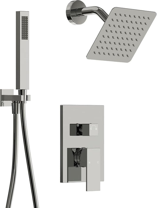 Wall Mount Shower System with Handheld Shower, Polished Chrome | 6-inch rain head, pressure-balanced brass valve, 2-function control and included 59-inch hose